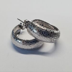 Vintage Sterling Silver Embossed Floral Wide Hoop Earrings